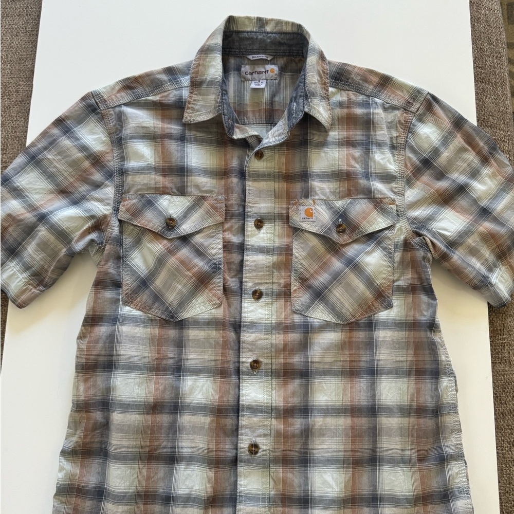 Carhartt Blue and Brown Plaid Women's Top - Picture 2 of 7